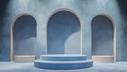 Poster - Muted blue arched alcove display. Three recessed alcoves with light blue podiums in the center