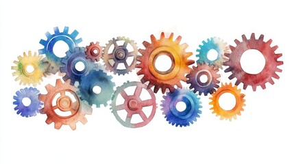 Poster - Colorful Watercolor Gears Interlocking - Teamwork, collaboration, synergy, innovation, and progress are symbolized by colorful interlocking gears in a watercolor painting