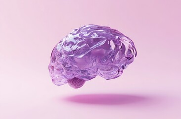 Poster - A translucent,  pink-purple brain,  hovering on a soft pink background.  Detailed anatomical shape, appearing  gelatinous