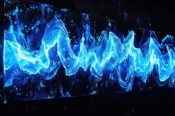 Poster - Vibrant blue fluorescent graffiti showcasing music frequency wave design on urban wall, Blue fluorescent graffiti music frequency wave display on a black background ed