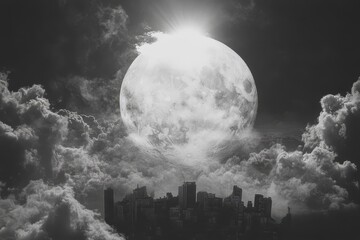 Poster - Dark clouds obscure the sun over a city skyline at sunset, the sun was covered by black clouds, the weather was cloudy