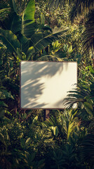 Aufkleber - Blank sign in lush tropical foliage, showcasing vibrant green leaves and sunlight shadows. Represents advertisement space or nature-themed branding
