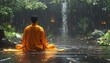 © Bagas - Serene monk meditates amidst lush, rain-swept garden