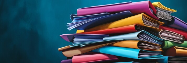 Poster - Efficient Document Management and Organization - A colorful stack of folders symbolizes efficient organization, paperwork management, office productivity, data storage