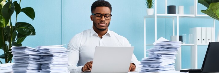 Poster - Efficient Document Management: Stacking Papers for Productivity - A black man efficiently organizes paperwork at his desk, symbolizing workplace organization, productivity, efficiency