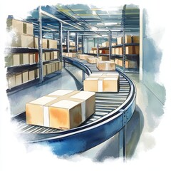 Poster - efficient warehouse conveyor system - packages move smoothly along a conveyor belt in a modern wareh