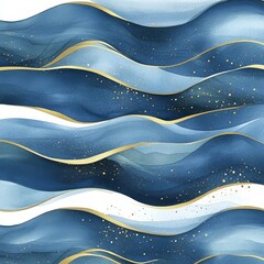 Poster - Elegant Blue Watercolor Waves - Serene abstract art depicting flowing blue watercolor waves with gold accents. Symbolizing tranquility, fluidity, elegance, luxury, and serenity
