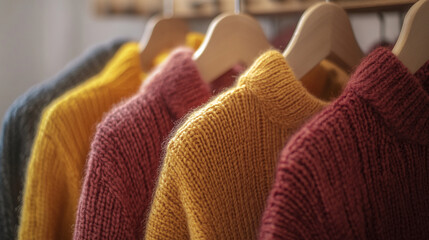 Leinwandbilder - Close-up of various colored knitted sweaters hanging on wooden hangers showcasing texture and warmth ideal for autumn or winter fashion