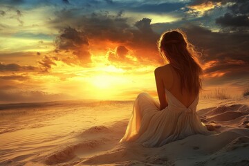 Aufkleber - Beautiful girl enjoying a sunset while sitting on the sandy beach by the ocean, Attractive girl sitting on the sand and looking at the sunset