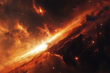 Wall Mural - exploring the fiery depths of a galaxy in the vast universe, dramatic space view moving through univ