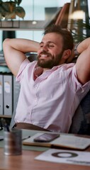 Aufkleber - Happy, businessman and stretching with computer at office for break, completion or finished tasks. Man, employee or rest with smile in comfort for productive day, done or stress relief at workplace