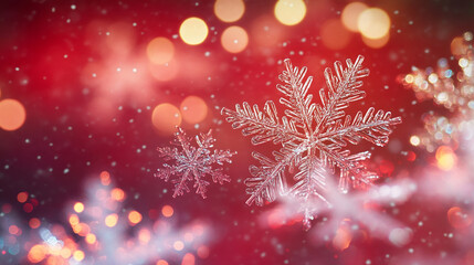 Fototapete - Close-up of crystalline snowflakes against a red bokeh background, suggesting a festive winter scene, ideal for holiday greetings or winter-themed designs