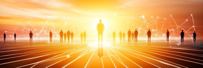 Poster - Global Network Connection - Silhouetted figures stand on a glowing path, symbolizing global connectivity and a bright future