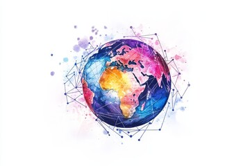 Poster - Global Network Connection - Watercolor painting of Earth with interconnected lines, symbolizing global communication and networking. Vibrant colors and artistic