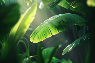 Poster - Large green leaf illuminated by sunlight, surrounded by lush foliage, conveying freshness, nature, and tranquility