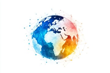 Poster - Global Network Watercolor Art - Artistic watercolor globe, symbolizing connection, technology, innovation, diversity, and global collaboration