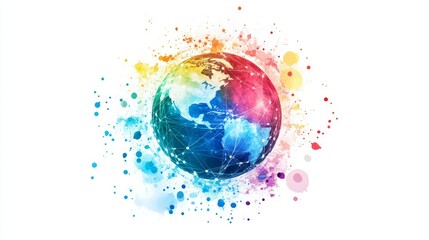 Poster - Global Unity Watercolor 7249 - A vibrant watercolor globe symbolizes global connection, diversity, innovation, technology, and collaboration. It represents a united world