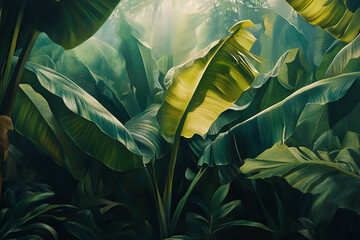 Poster - Lush green banana leaves, textured and detailed, create a tropical rainforest scene, showcasing vibrant nature, serenity, and jungle ambiance perfect for relaxation or travel themes