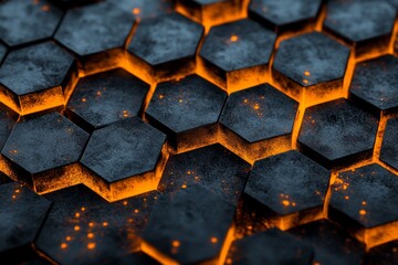 Poster - Hexagonal Pattern Watercolor Close-up - Abstract modern hexagon design, symbolizing technology, structure, connection, energy, and innovation. Dark textured hexagons with glowing orange edges