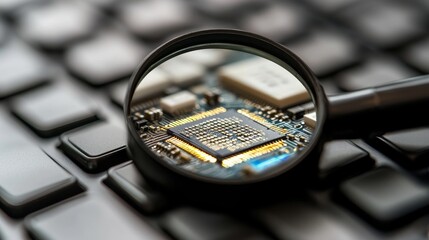 Poster - magnifying glass on circuit board detail - close-up of a magnifying glass revealing intricate circui