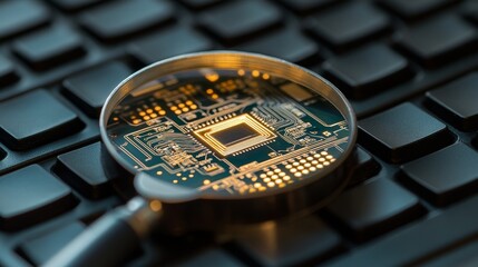 Poster - magnifying glass on computer chip close up - a detailed close-up of a magnifying glass revealing int