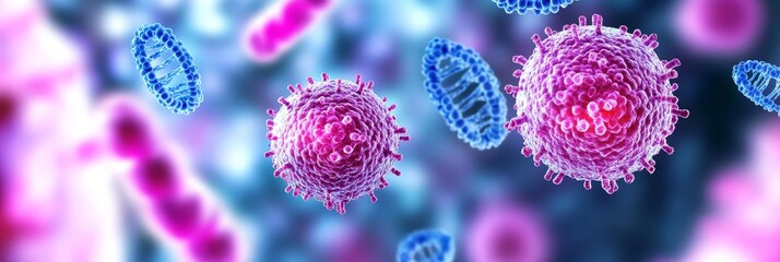 Poster - Microscopic Cellular Structures - Close-up view of vibrant cells and DNA strands, ideal for medical, science, and technology concepts