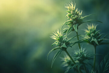 Poster - Close-up of green cannabis buds, showcasing intricate detail and texture against a blurred background, representing natural growth and potential