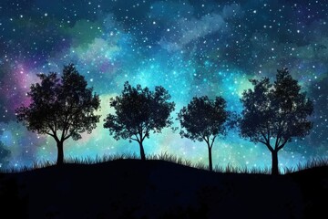 Poster - Magical northern timelapse revealing tree silhouettes and starry night sky, Trees silhouettes against magical timelapse northern lights and starry sky