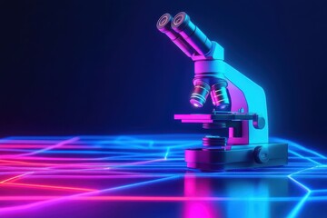 Poster - Colorful microscope design with neon lines on blue background showcasing modern scientific tools, microscope icon and neon colourful lines on blue background