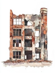 Poster - Ruined Brick Factory Facade Watercolor - A watercolor painting of a derelict factory building, symbolizing decay, industry, abandonment, time, and resilience