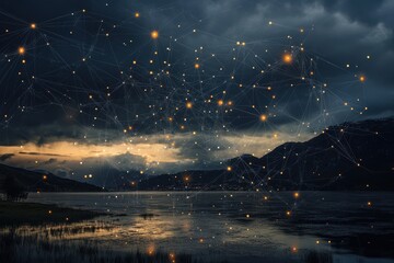 Poster - Network of connections illuminated over a stormy lake at dusk, network of connections with icons over storm