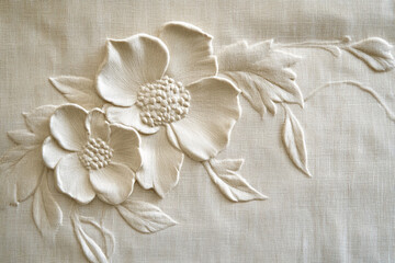Aufkleber - Beige textured fabric with embossed floral design Two light beige flowers with leaves create an elegant, textured surface, ideal for background or design element