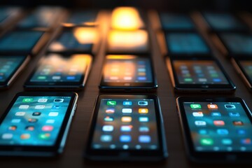 Poster - Transformation of smartphones into tablets with vibrant screens and apps on display in a creative arrangement, random transformation of a phone into a tablet in different crop factors There is an