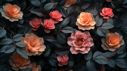 Poster - Peach and coral roses with dark leaves create a lush floral arrangement, showcasing elegance and sophistication, ideal for decorative purposes