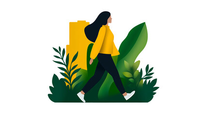 Aufkleber - woman is walking in a botanical illustration featuring a yellow building, green plants and a black b