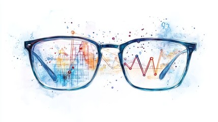 Poster - Vision of Growth and Progress - Watercolor illustration of eyeglasses reflecting financial charts and graphs, symbolizing insightful market analysis and future prospects