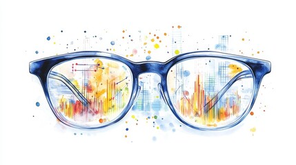 Poster - Vision of Progress: Data Through Spectacles - Abstract watercolor illustration of eyeglasses reflecting colorful data charts and city skyline, symbolizing forward-thinking and progress