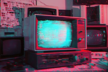 Poster - Vintage VHS noise and art showcased on retro television monitors from the 1980s, Vintage VHS (Video Home System) defects noise and artifacts effect glitch effect