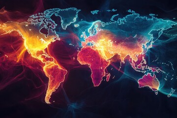Poster - Global user data distribution illustrated on a vibrant world map with visual effects, Global user data distribution over world map with numerical statistics