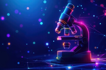 Poster - Microscope icon with vibrant neon lines on a dark blue background creating a modern scientific aesthetic, microscope icon and neon colourful lines on blue background