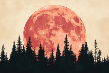 Aufkleber - Giant moon rises above a silhouetted forest under a dusky sky, A Giant moon rising over a forest silhouette