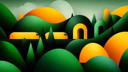 Aufkleber - abstract landscape features green hills, yellow shapes, and minimalist structures under a serene, mu