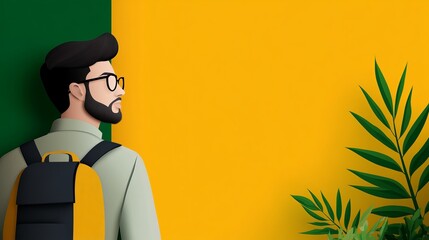 Aufkleber - bearded man with glasses and backpack looks towards right side of image with yellow and green backgr