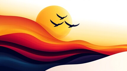Aufkleber - birds are flying above a colorful layered landscape with a large yellow sun, creating a peaceful sce