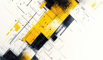Abstract graphic design with diagonal lines, yellow and black squares, and white background.  Intricate network of intersecting lines and shapes create a dynamic and modern visual