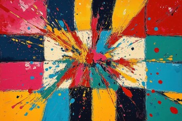 Poster - Colorful explosion of squares in pop art style creating an energetic visual experience, squares colors and boomb explosion pop art style