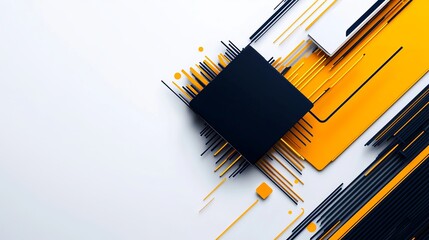 Poster - Dark square hovers near yellow and white rectangles with thin linear extensions on a clean background.