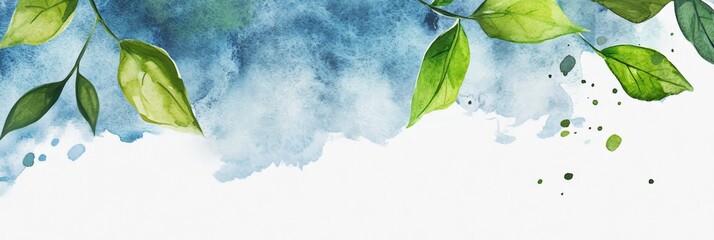Poster - Watercolor Green Leaves on Blue Background - Watercolor painting of green leaves on a blue background, ideal for invitations, cards, or website banners. Space for text
