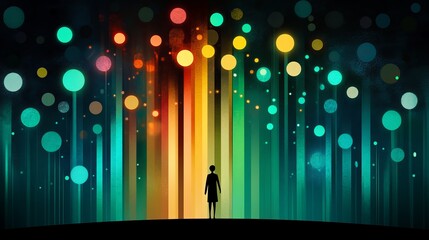 Aufkleber - Figure stands facing colorful vertical stripes and floating orbs in a digital artwork.