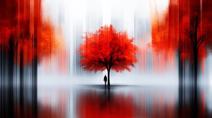 Aufkleber - figure stands beneath a vibrant red tree against a blurred landscape with mirrored reflections.